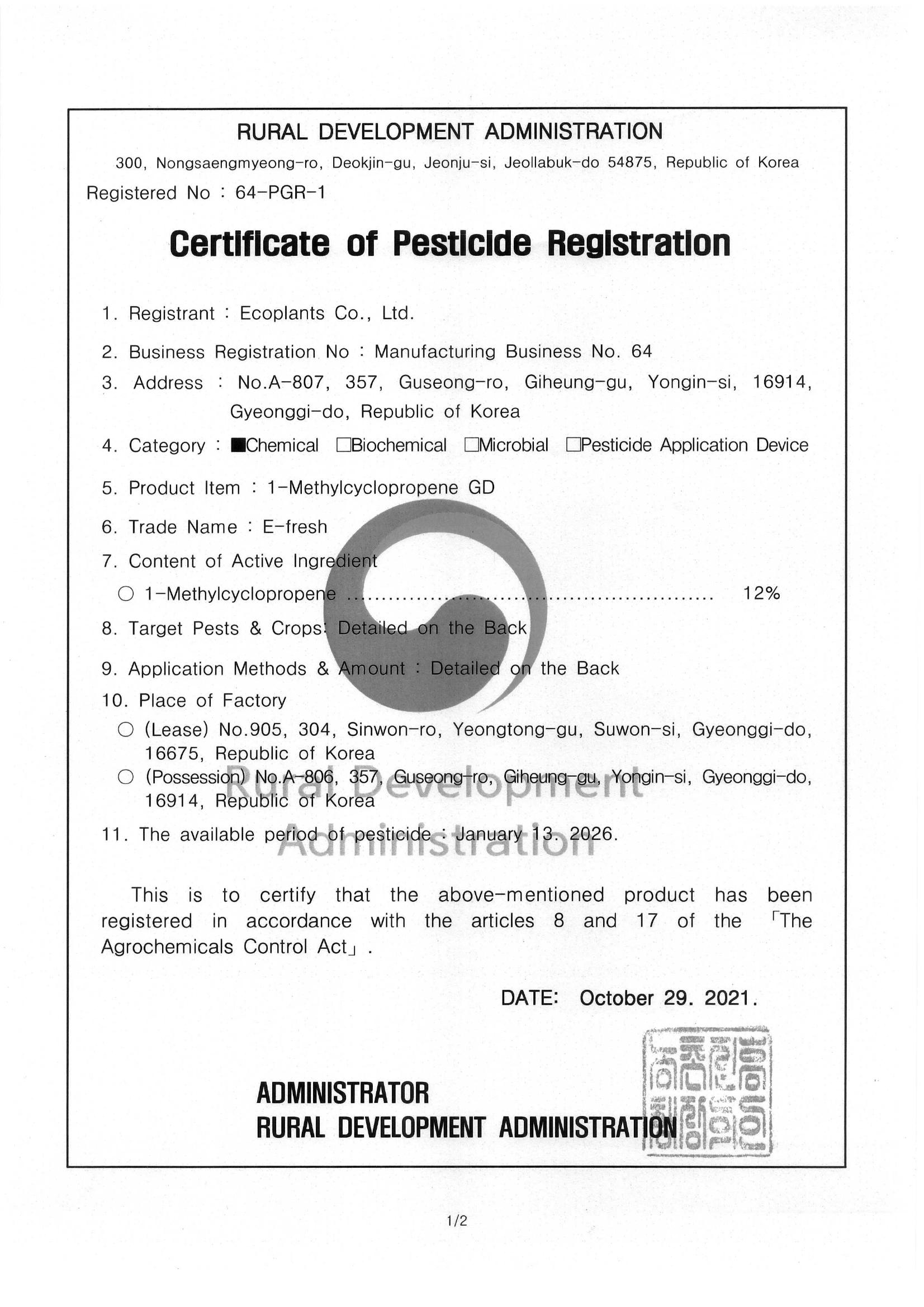 Certificate of Pesticide Registration issued by the Rural Development Administration, Republic of Korea